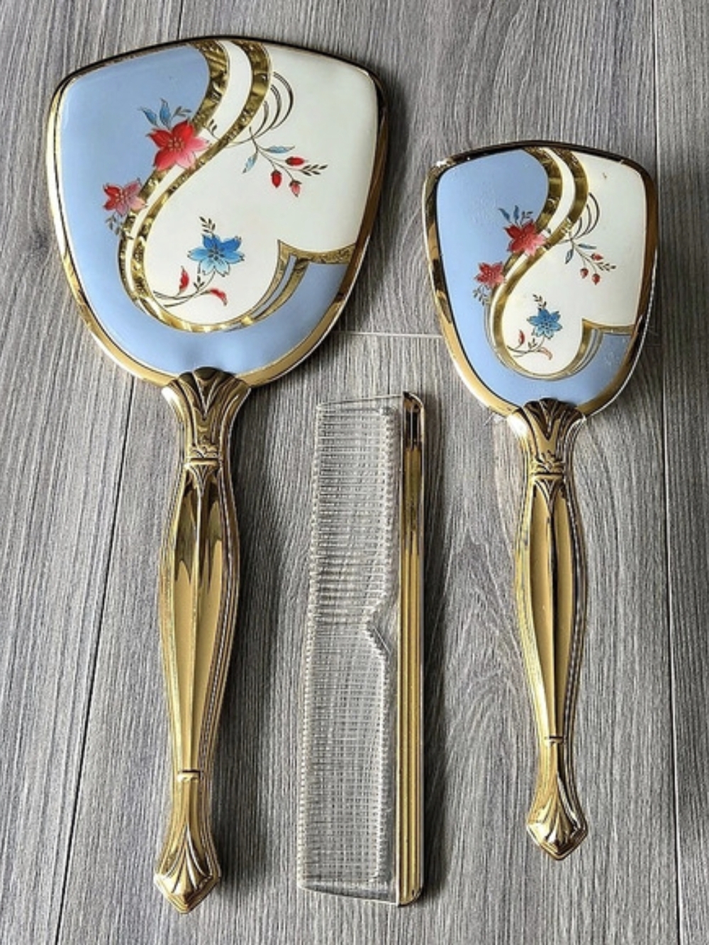 Vintage Vanity Set 3 Piece Floral Brush Mirror Comb Gold Detail With Box RARE